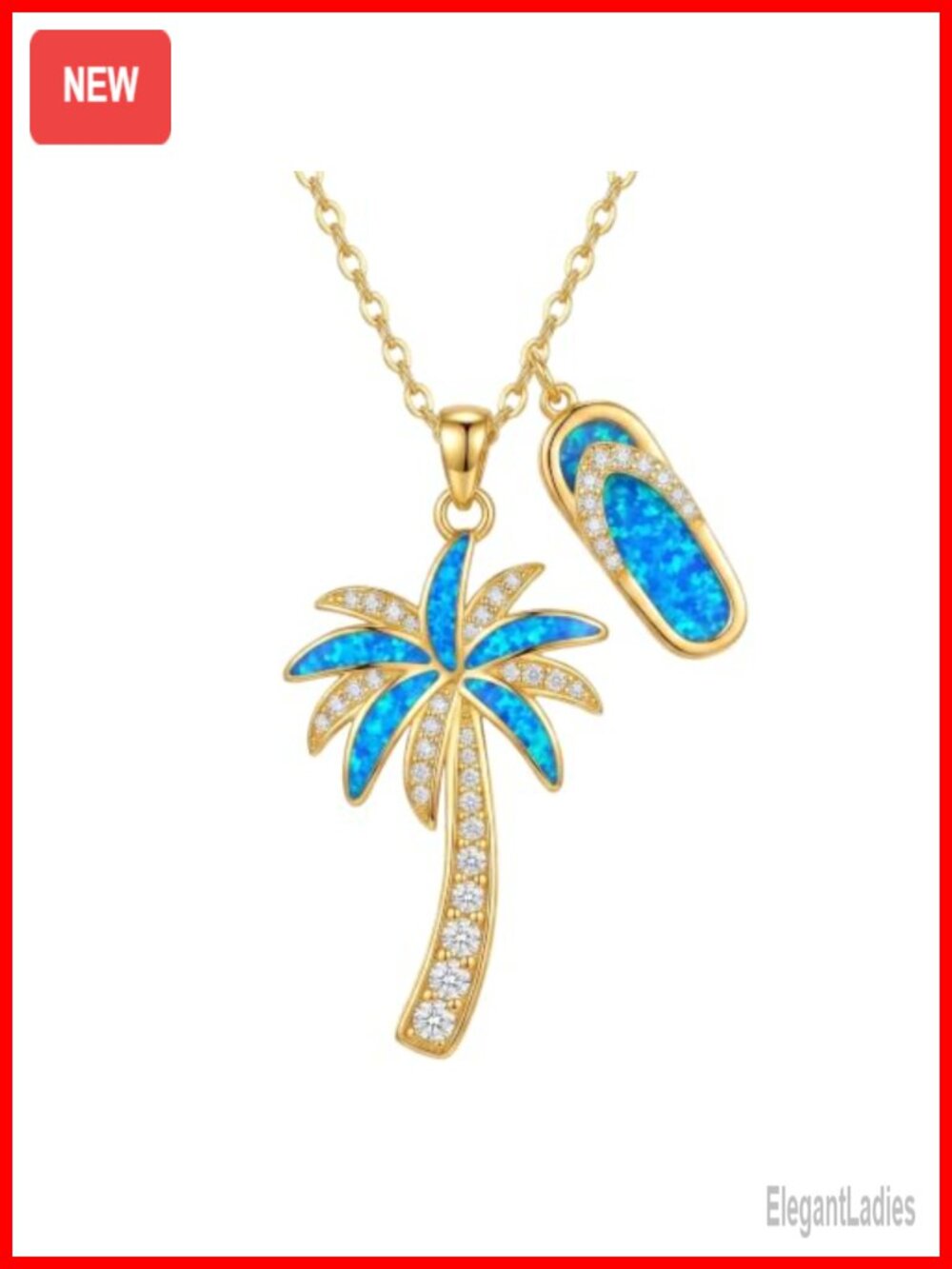 Opal Palm Tree Flip Flop Pendant Necklace 14K Gold Plated